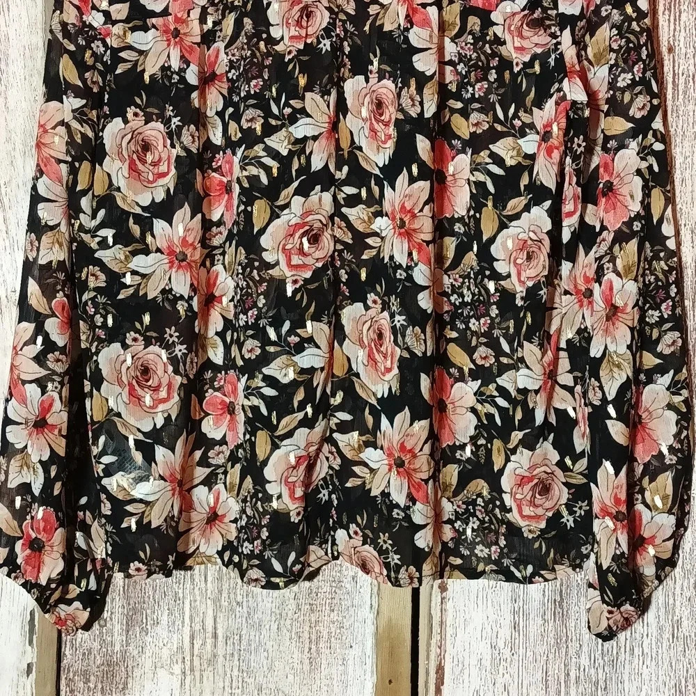 Floral sheer boho gathered mock neck flowy ruffle shimmer wide sleeve M - Picture 13 of 16